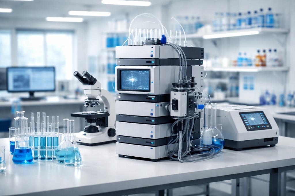 Advanced laboratory with HPLC-MS system and scientific glassware