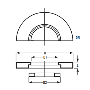 Adaptor bellow flange – top half-view and side profile with dimensions DN, D, D1, D2 and L