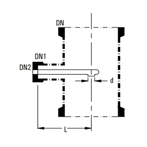 Column feed pipe – cross-section showing feed pipe extending into column, dimensions DN, DN1, DN2, L, d