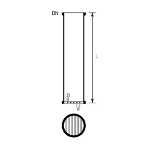 Single piece column section with inbuilt packing support – side view and cross section with dimensions DN, D, d, L