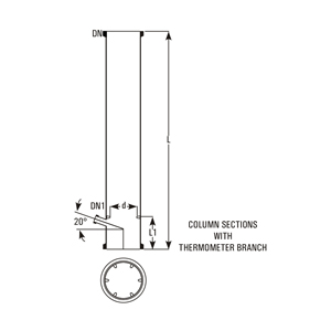 Column sections with thermometer branch – 20° slope, dimensions DN, DN1, L, L1, d