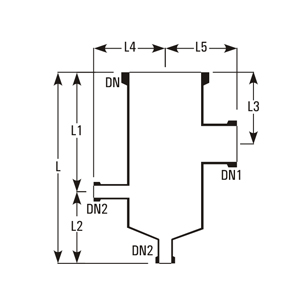 Flat top column adaptor – cross-section with dimensions DN, DN1, DN2, L, L1, L2, L3, L4, L5