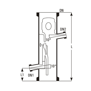Magnetically operated reflux divider – cross-section with swinging funnel, dimensions DN, DN1, DN2, L, L1 (10° spouts)