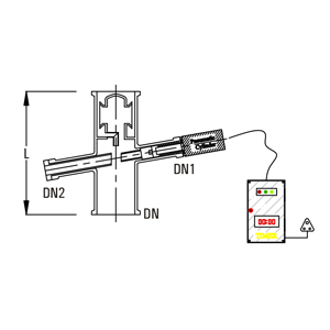 Pneumatic reflux divider – cross-section with dimensions DN, DN1, DN2, L and timer unit