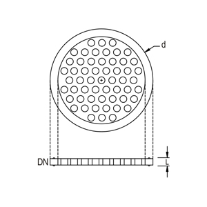 PTFE perforated plate – top view and side view with dimensions d, DN, L