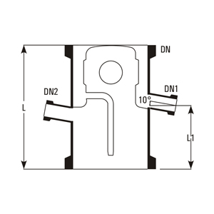 Reflux divider – cross-section with dimensions DN, DN1, DN2, L, L1 (distillate outlet DN1, thermometer pocket DN2)