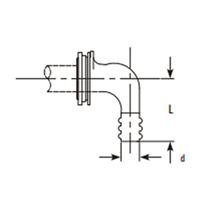 Angled hose connector assembly – 90° elbow with flange end and hose barb, dimensions L and d