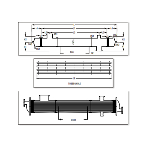 Heat exchanger dimensional specifications – schematic view (RGG), tube bundle (L, L5), perspective view (RGM). Dimensions DN, DN1–DN4, H1, H2, L, L1–L6.