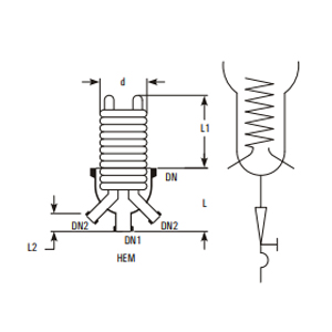 Immersion heat exchanger – coil unit with dimensions d, DN, L, L1, L2, DN1, DN2; and application in glass vessel with stirrer