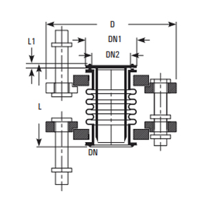 PTFE bellows expansion joint – cross-section with dimensions D, DN, DN1, DN2, L and L1