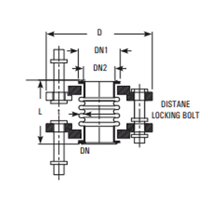 PTFE bellow assembly – corrugated bellow with flanges, nut-bolts and distance locking bolt; dimensions D, DN, DN1, DN2, L
