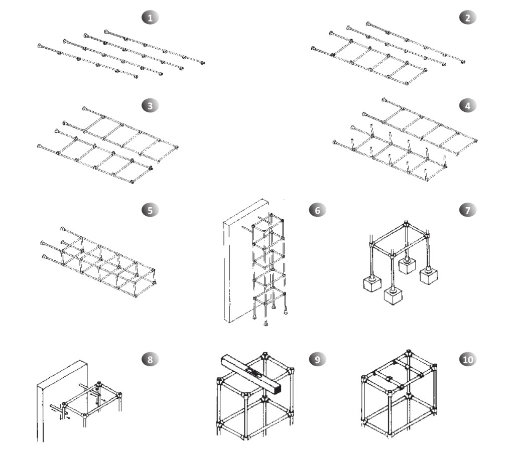 Assembly process of modular tubular frame structure – from vertical tubes and fittings to hoisting, bracing, foundation, plumb and level adjustment