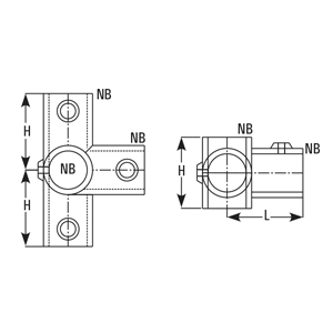 Double bend toggle section – dimensions H, L and nominal bore (NB)
