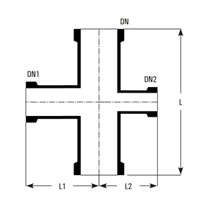 Unequal cross dimensions (DN, DN1, DN2, L, L1, L2)