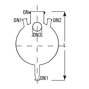 Four neck bottom outlet spherical vessel dimensions (L, DN, DN1, DN2, DN3)