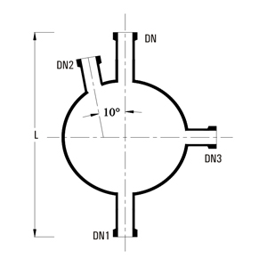 Spherical vessel with side nozzles at 90° – dimensions L, DN, DN1, DN2, DN3